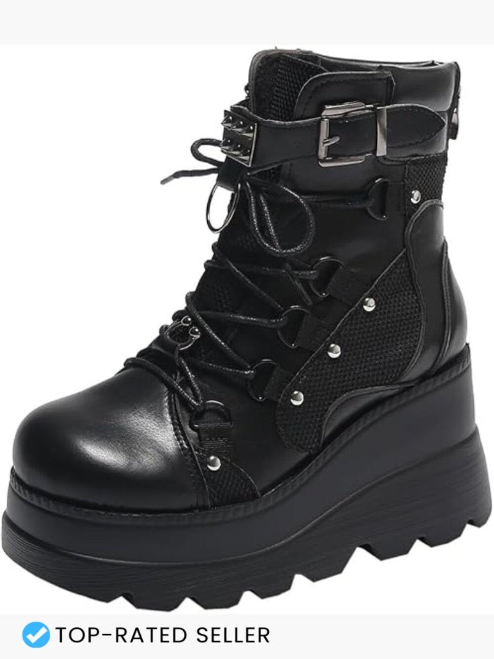 Black Platform Lace-Up Ankle Boots with Buckle